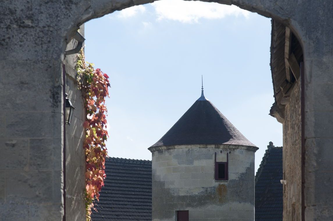 Le pigeonnier encadré par l’arche de pierre, vigne vierge en automne